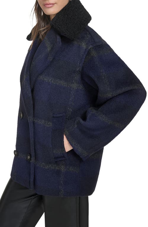 Levi's Plaid Short Peacoat With Removable Faux Shearling Collar In Blue
