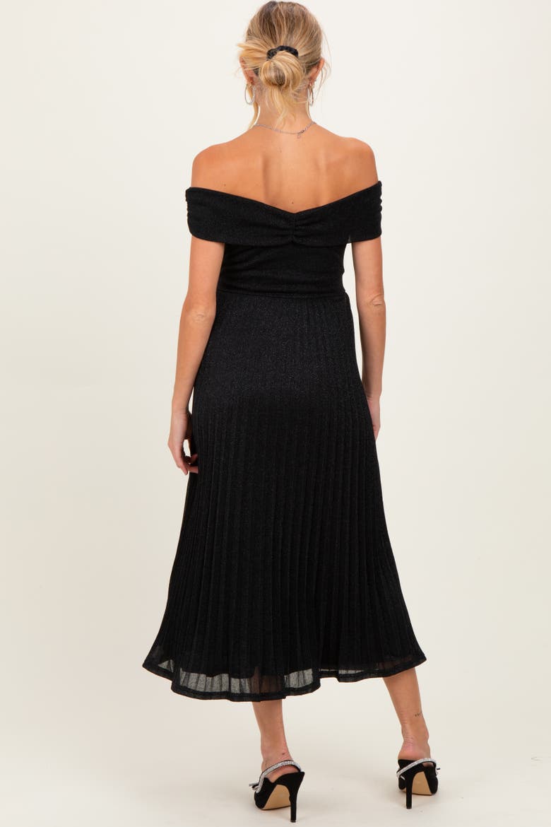 Shimmer Off Shoulder Pleated Midi Dress, Alternate, color, Black
