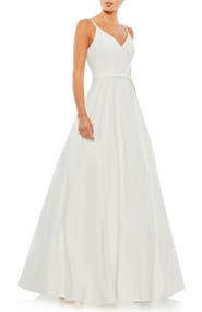 Mac Duggal Women’s V-Neck Ball Gown with Belted A-Line Skirt