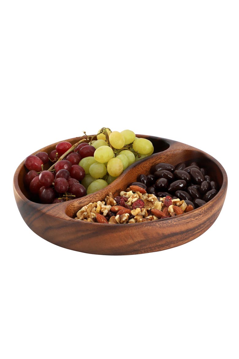 10 Inch Acacia Wood Divided Serving Bowl, Main, color, Dark Brown