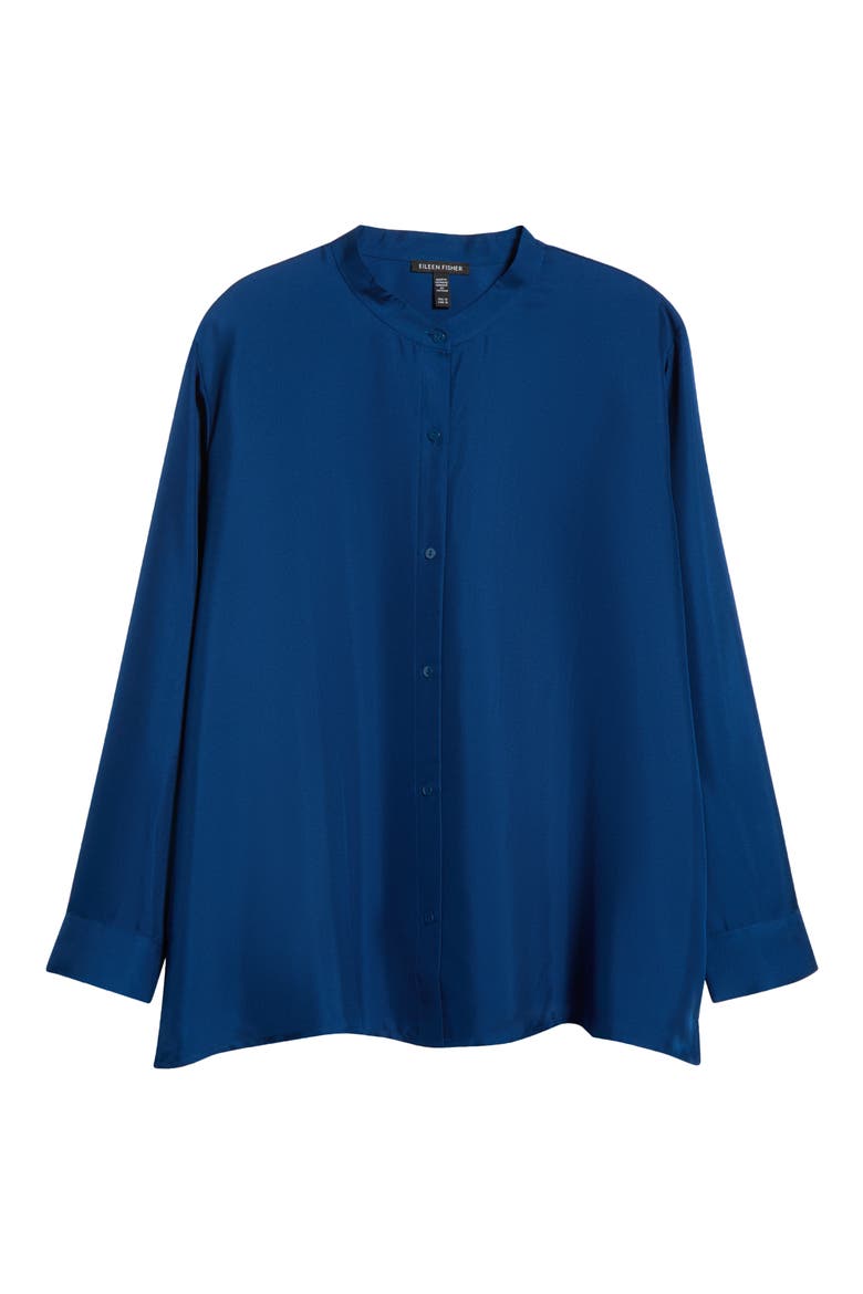 Mandarin Collar Silk Button-Up Shirt, Alternate, color, ATLANTIS