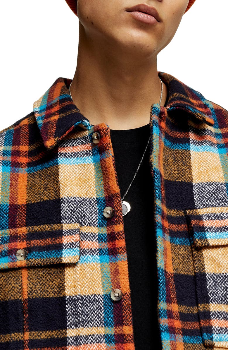 Topman Plaid Button-Up Flannel Shirt Jacket, Alternate, color, 