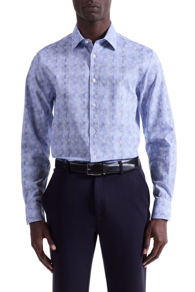 Julian Shaped Fit Geo Pattern Stretch Cotton Dobby Button-Up Shirt, Main, color, COBALT