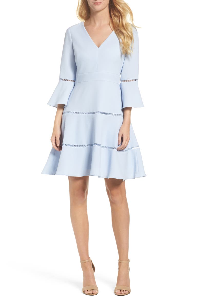 Bell Sleeve Lace Inset Fit & Flare Dress, Main, color, BLUE