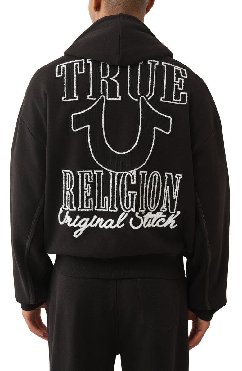 True Religion Rib Stitch Boxy Fit Zip Hoodie, Alternate, color, Jet Black