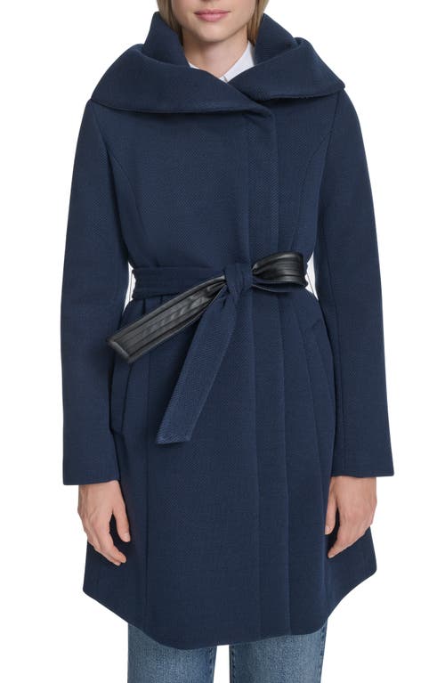 Cole Haan Twill Belted Coat In Blue