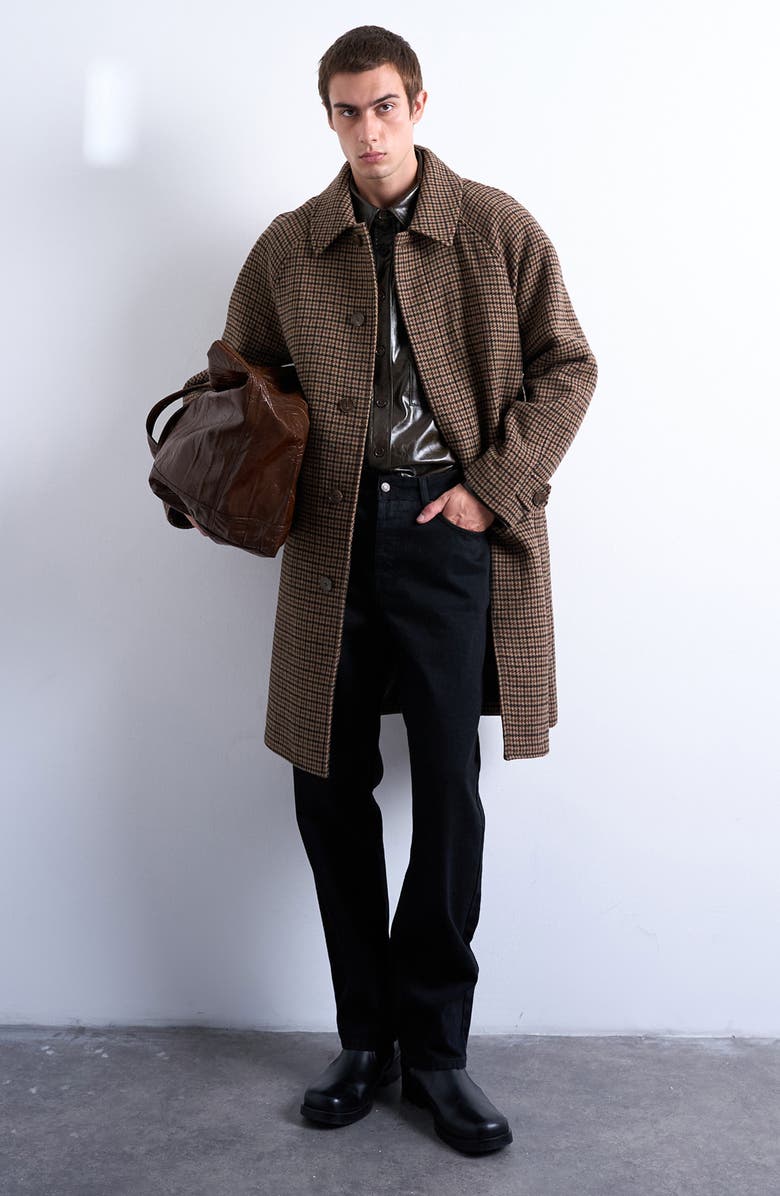 Topman Oversize Check Overcoat, Main, color, Brown