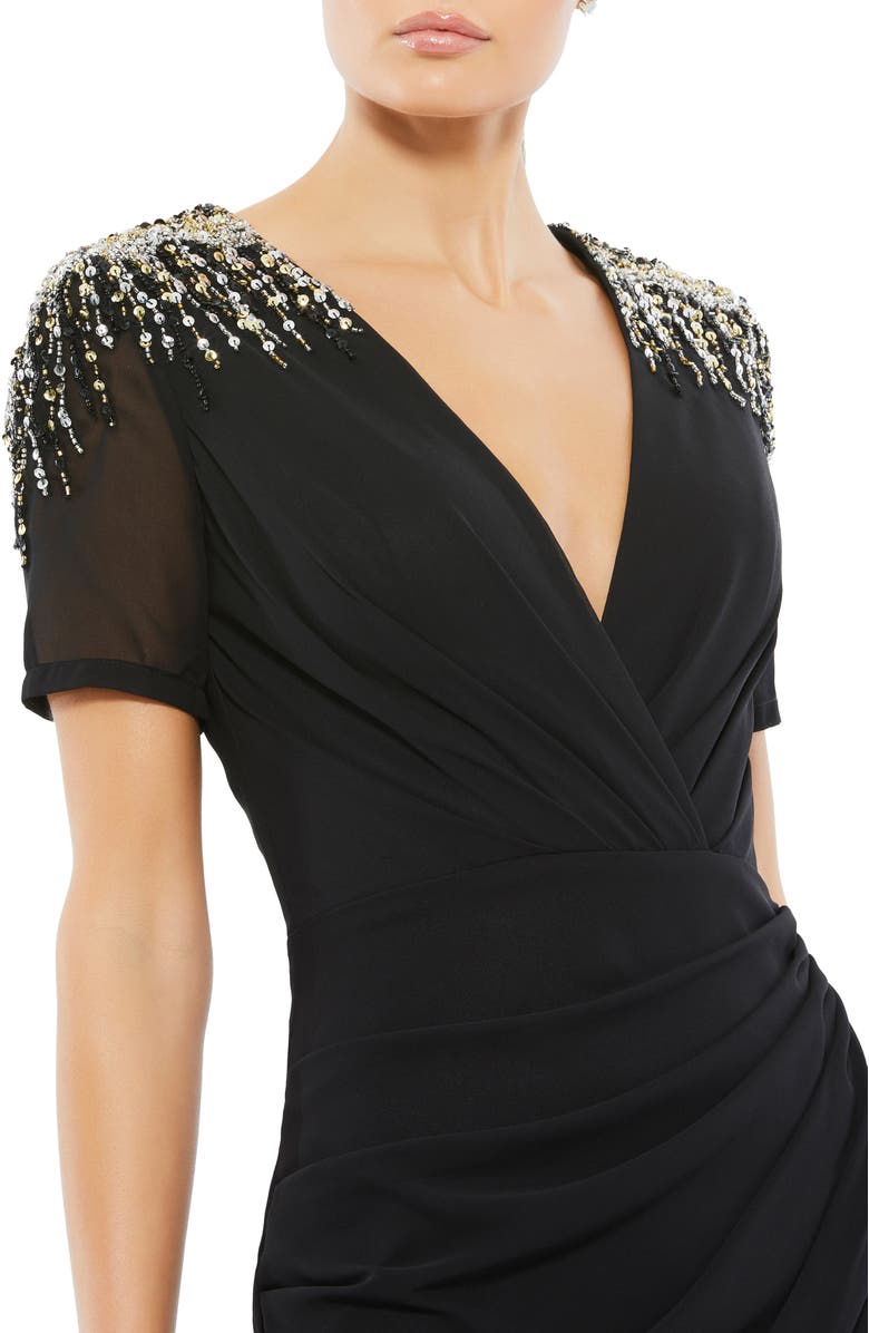 Mac Duggal Sequined Embellished Shoulder Evening Gown, Alternate, color, Black