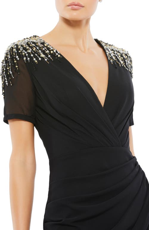 Mac Duggal Sequined Embellished Shoulder Evening Gown In Black