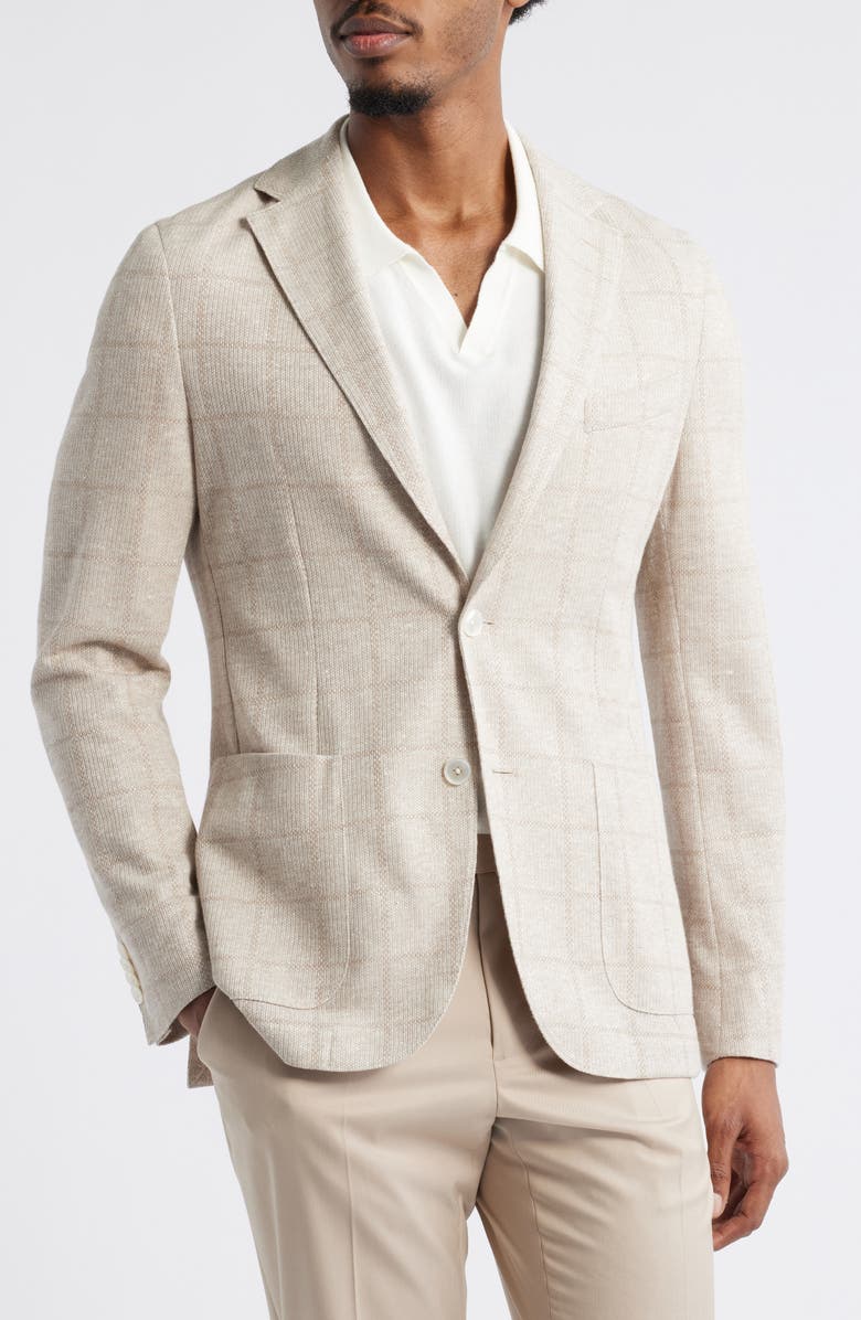 BOSS Hanry Slim Fit Windowpane Check Linen & Cotton Blend Knit Sport Coat, Alternate, color, Open White