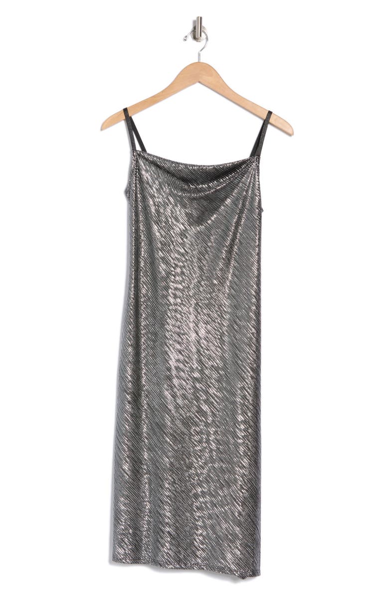 bebe Metallic Pleated Midi Slipdress, Alternate, color, Black/ Silver