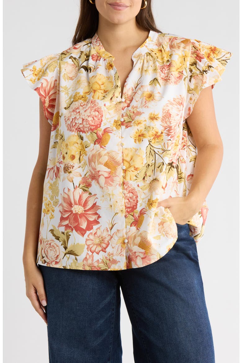 Zury Split Neck Flutter Sleeve Stretch Cotton Top, Main, color, CORAL-MULTI
