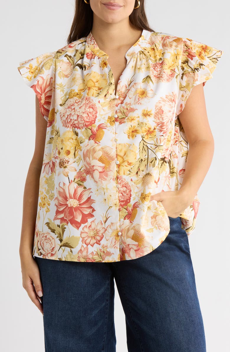 SUGARLIPS Zury Split Neck Flutter Sleeve Stretch Cotton Top, Main, color, Coral-Multi