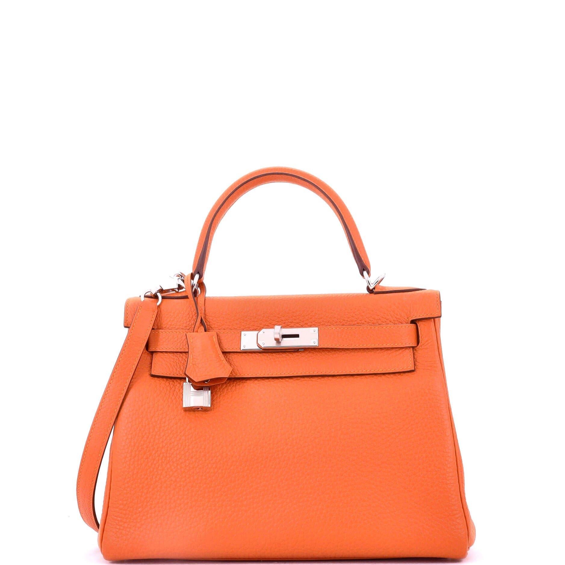 Pre-Owned Hermes Kelly Handbag Orange Clemence with Palladium Hardware 28, Main, color, 