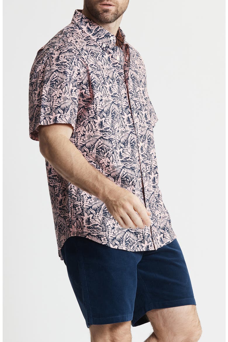 Bay Stretch Oxford Short Sleeve Shirt, Alternate, color, PINK TROPICAL PRINT