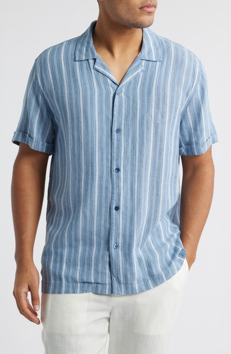 Rails Cayman Stripe Linen Blend Camp Shirt, Main, color, Coastal Blue Stripe