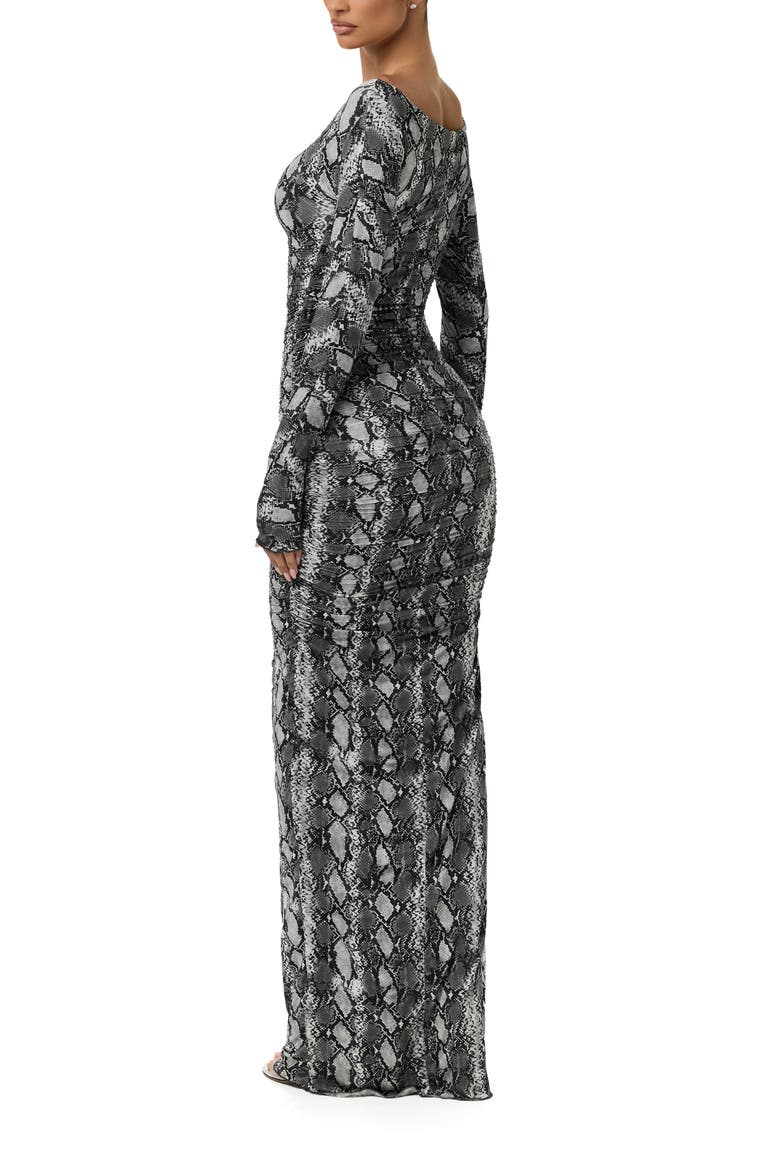 Ruched Off the Shoulder Long Sleeve Maxi Dress, Alternate, color, GREY SNAKESKIN