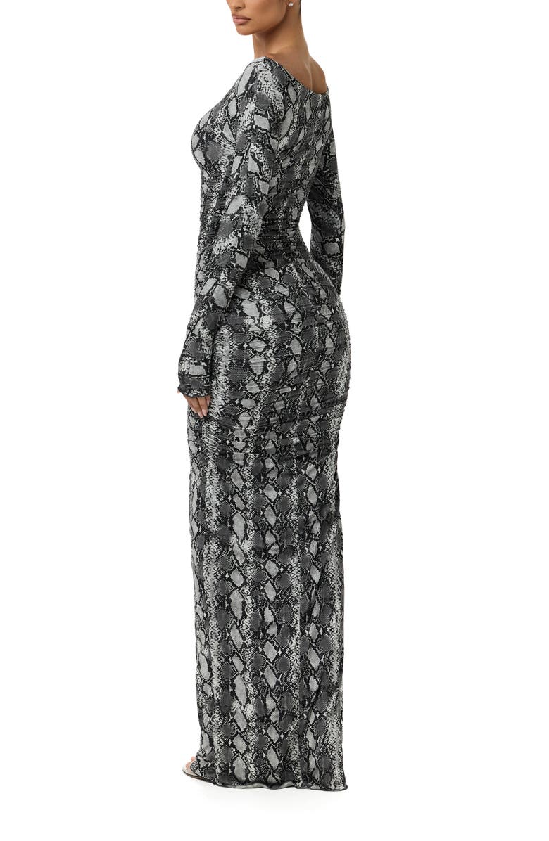 Naked Wardrobe Ruched Off the Shoulder Long Sleeve Maxi Dress, Alternate, color, Grey Snakeskin