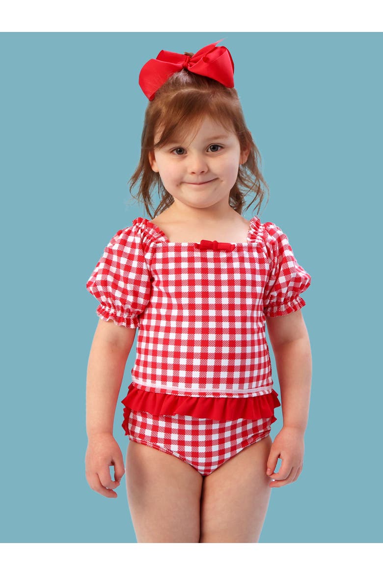 UPF50+ Puff Sleeve Ruffle Tankini 2-Piece Swimsuit, Alternate, color, Vintage Red Gingham