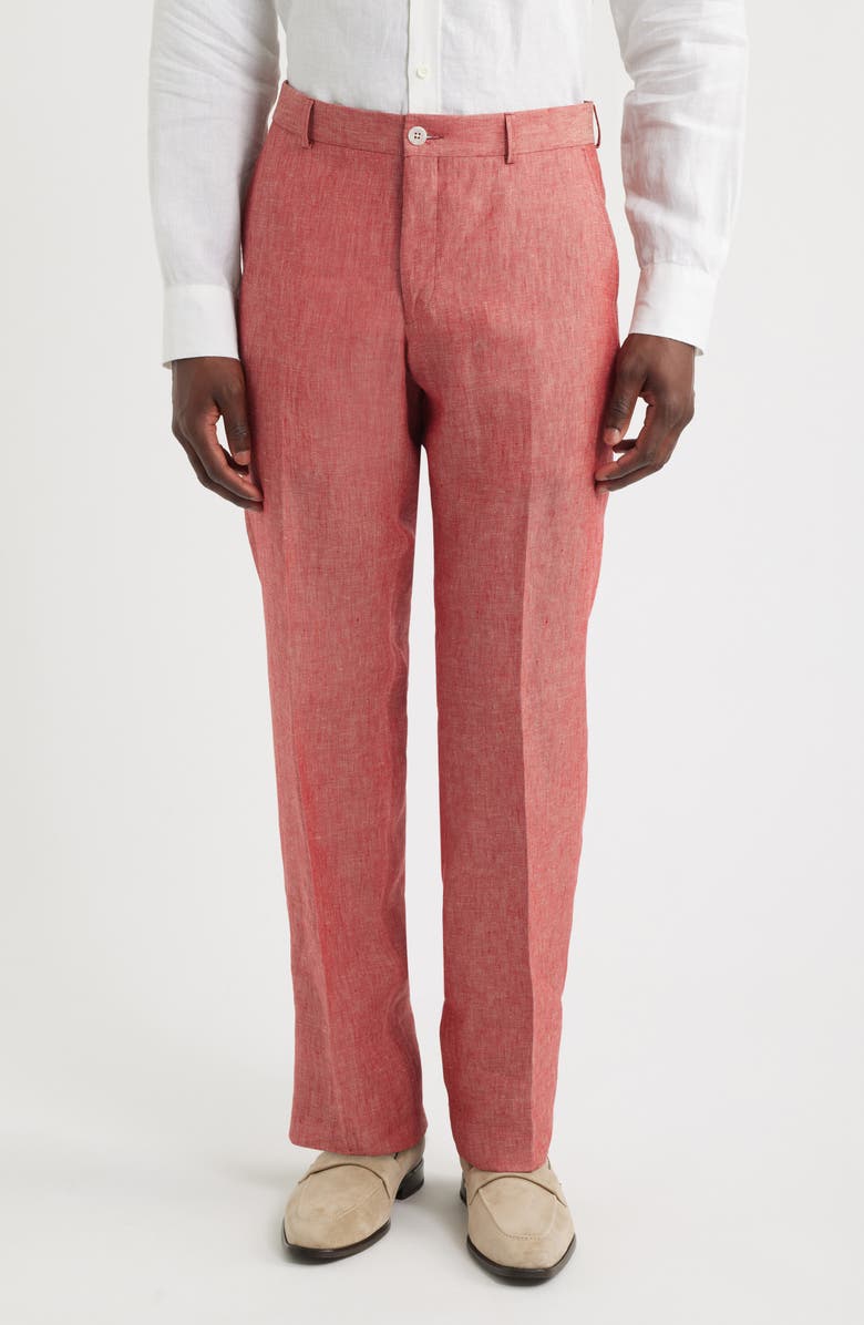 Berle Flat Front Slub Linen Chambray Dress Pants, Main, color, Red