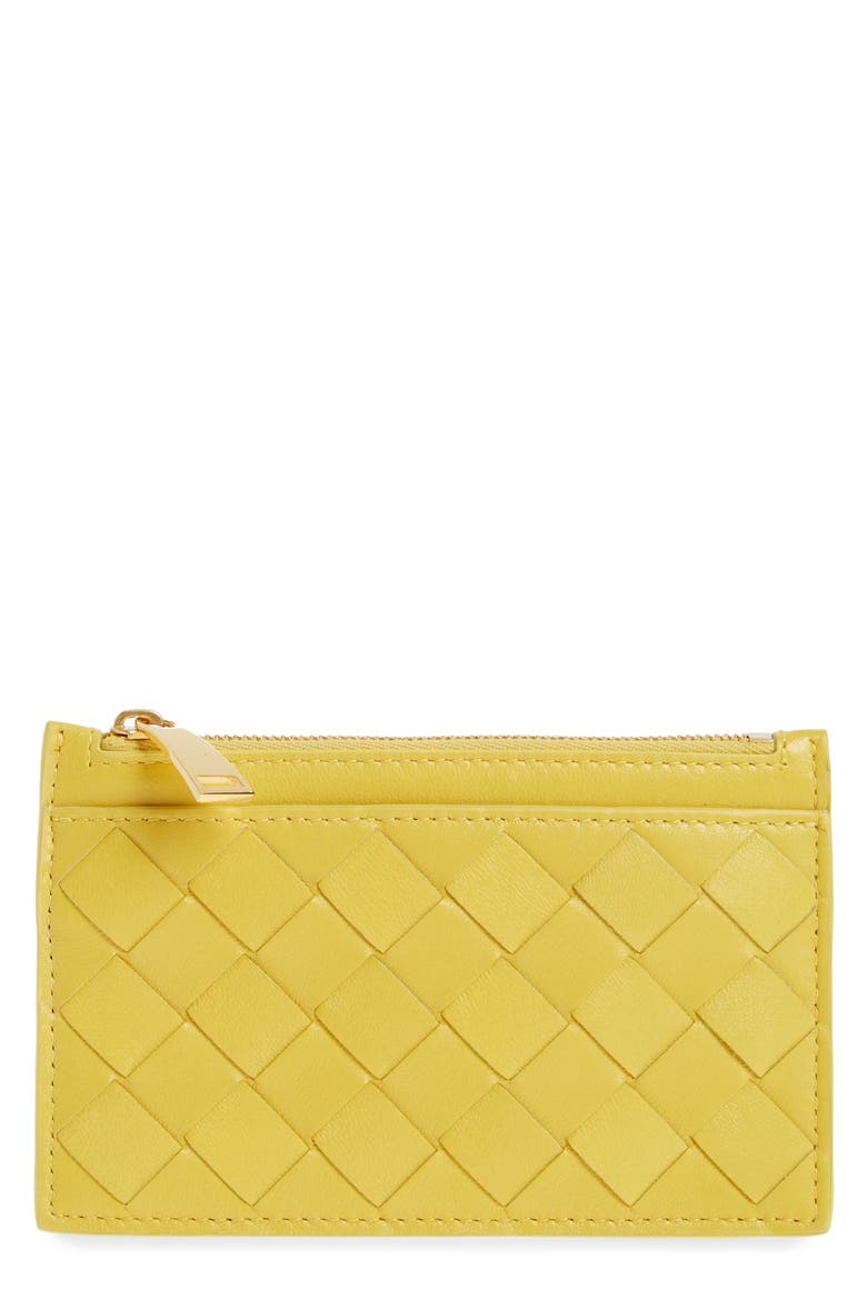 Intrecciato Leather Card Case, Main, color, BUTTERCUP/ GOLD