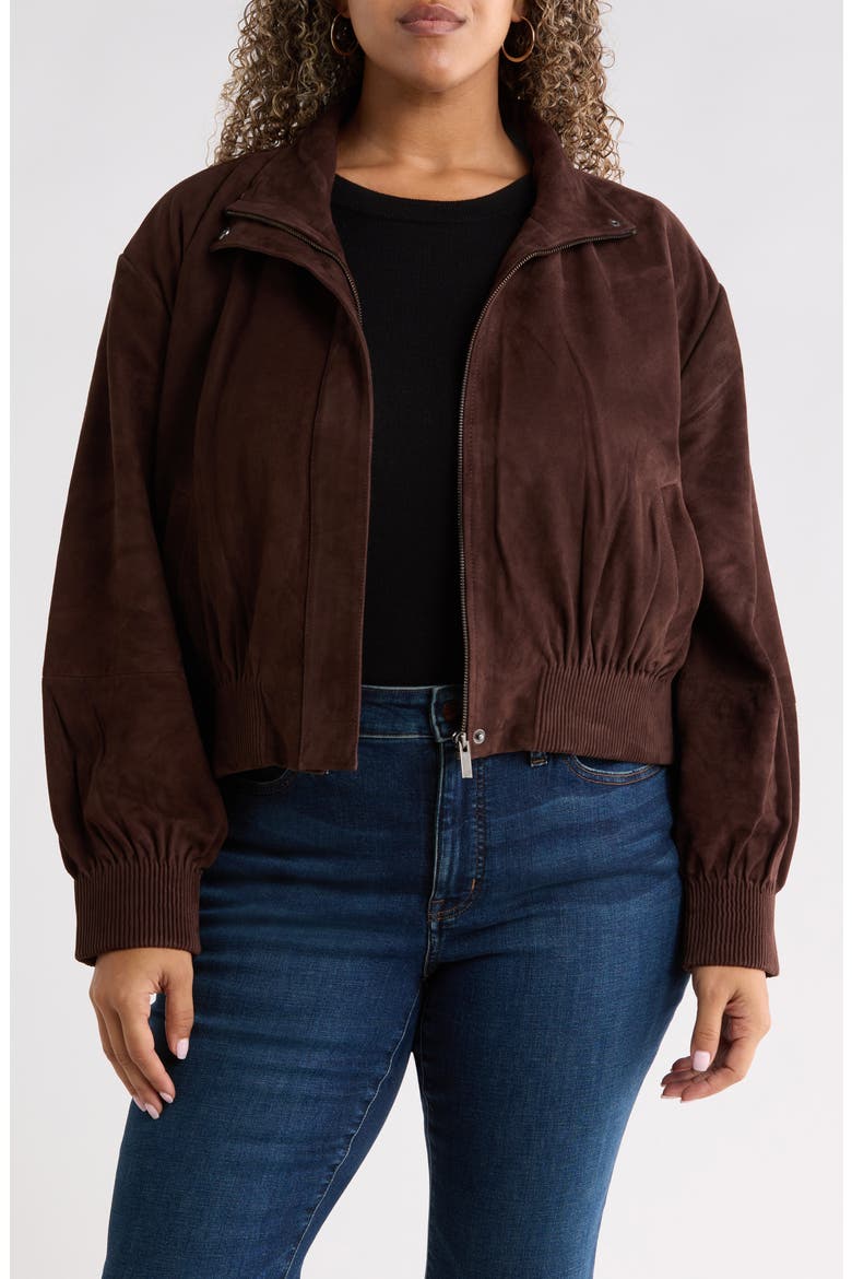 Funnel Neck Suede Bomber Jacket, Main, color, BROWN COFFEE