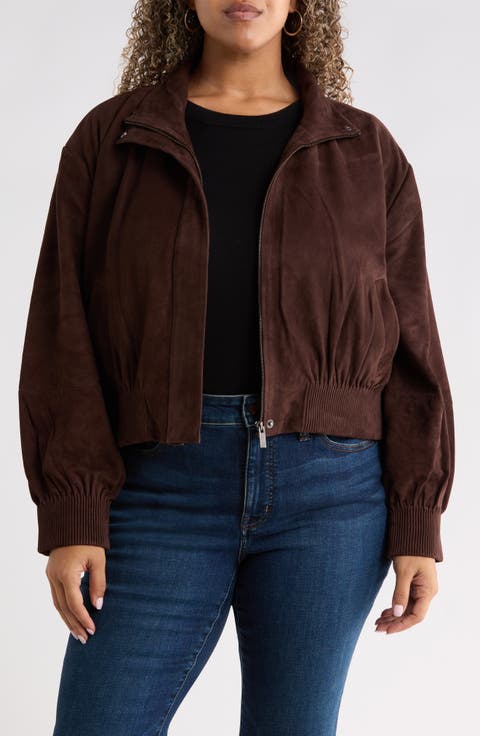 Funnel Neck Suede Bomber Jacket