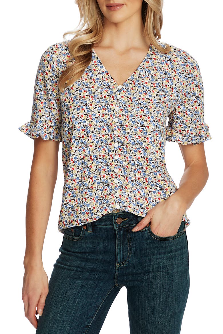 Ruffle Moroccan Ditsy Blouse, Main, color, SOFT ECRU