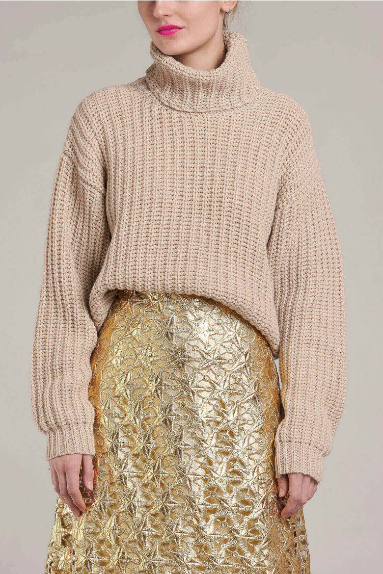 Fringed Turtle Neck Pullover, Alternate, color, Sand