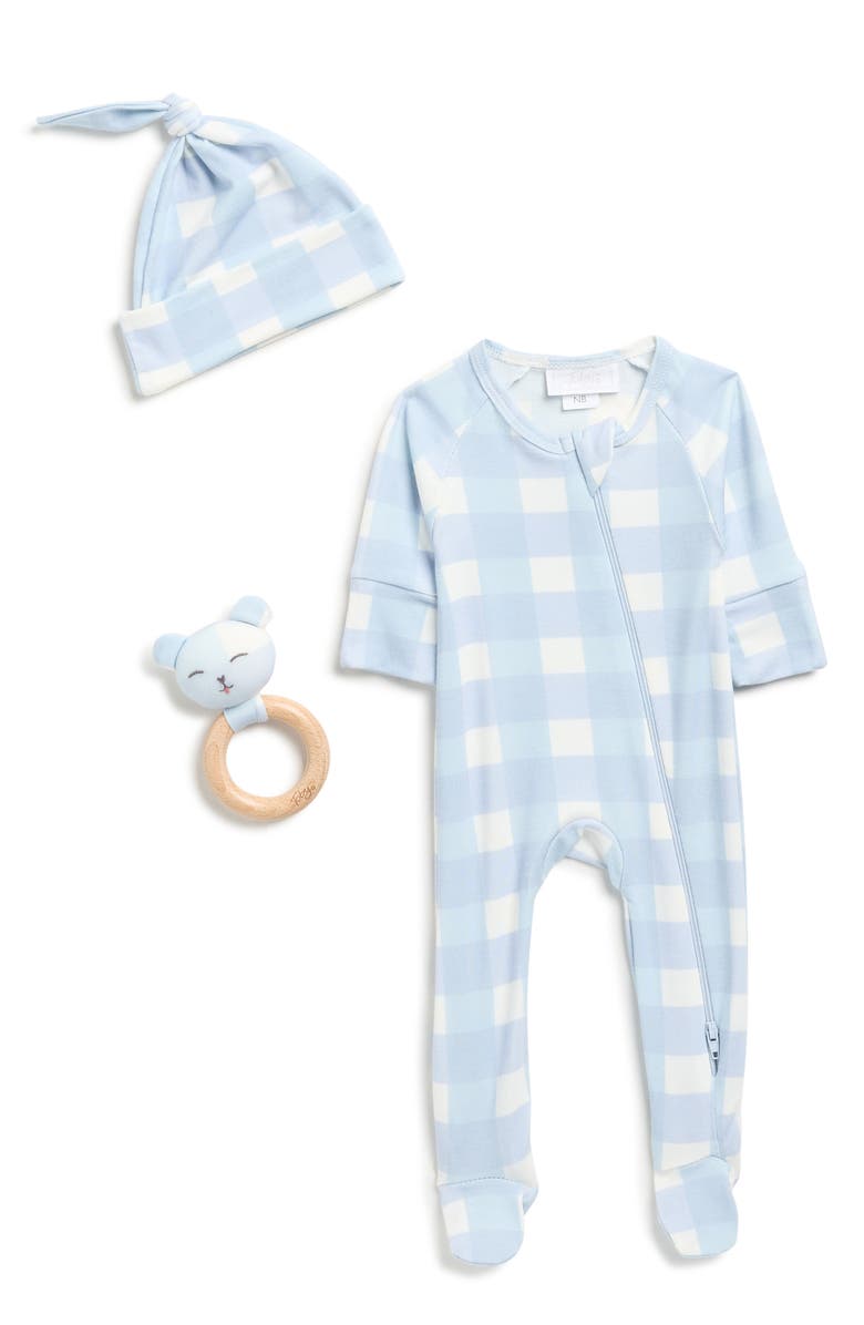 Toby Gingham Layette, Beanie & Rattle Set, Main, color, Icy Blue