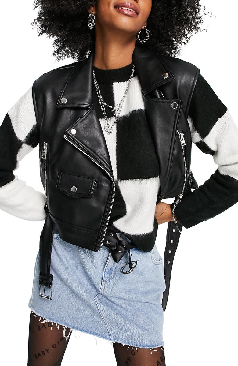 Topshop Crop Faux Leather Biker Vest, Main, color,
