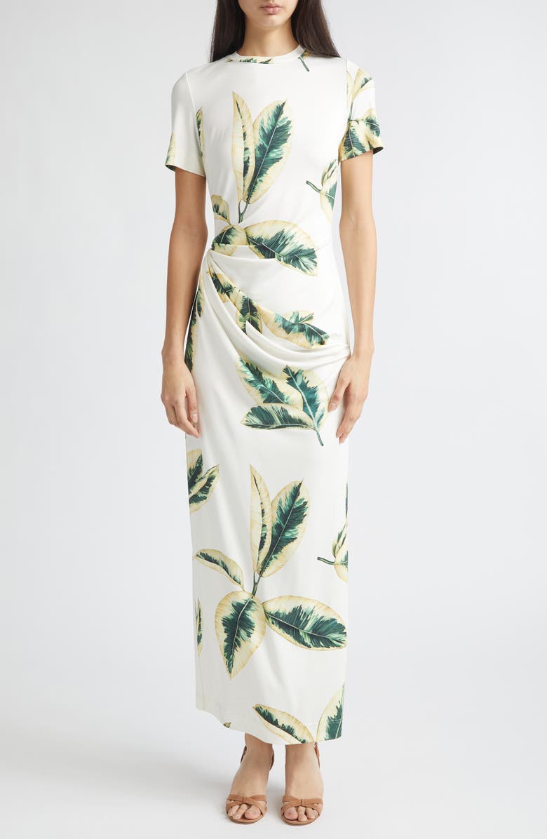 Oscar de la Renta Ficus Leaves Print Jersey Dress, Main, color, Green/ Ivory