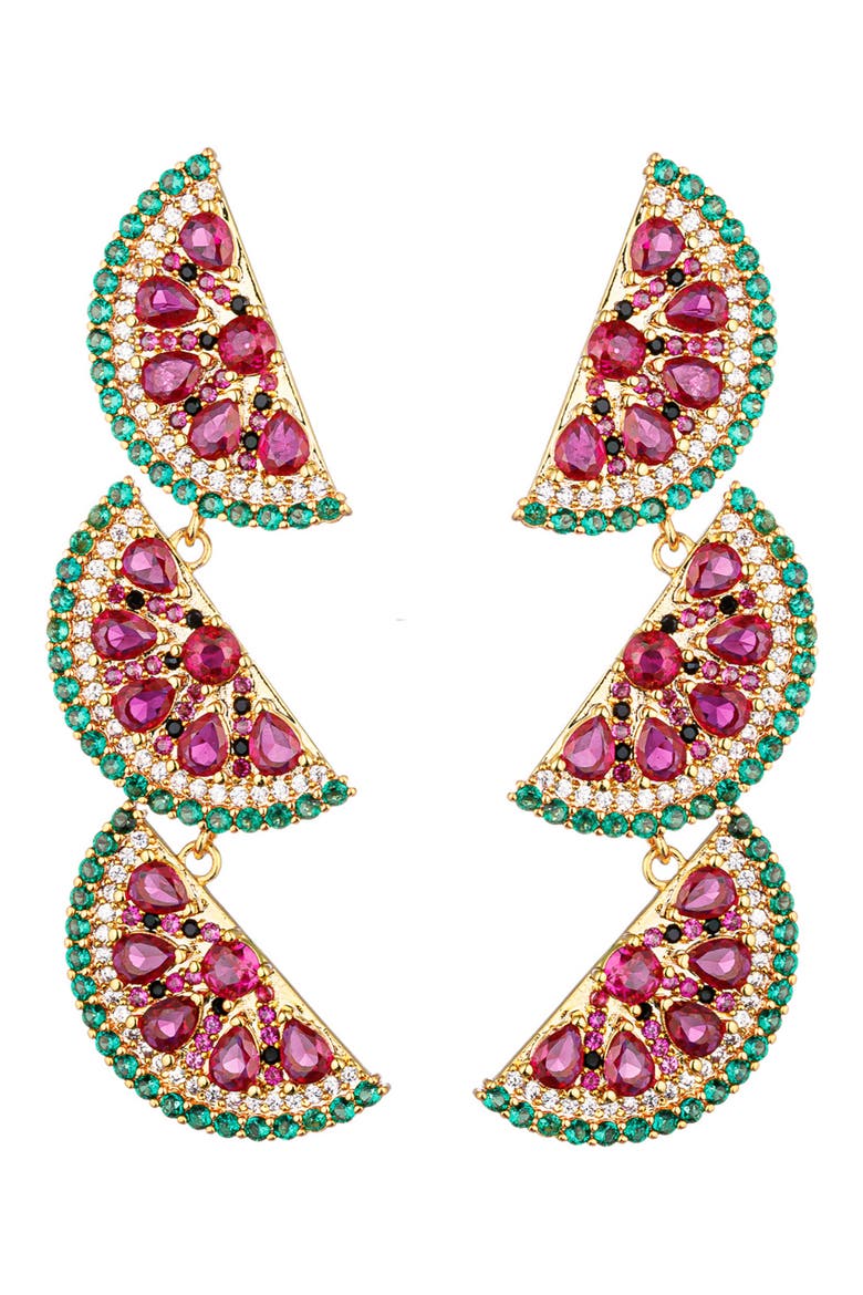 Palm Watermelon Cubic Zirconia Drop Earrings, Main, color, GOLD