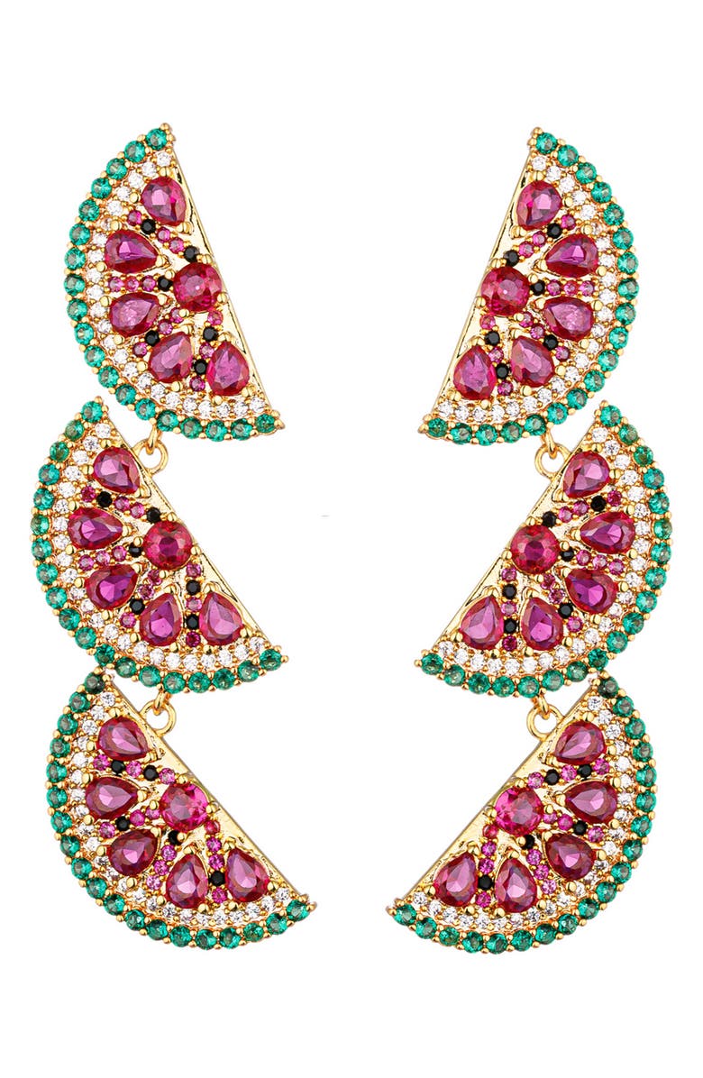EYE CANDY LOS ANGELES Palm Watermelon Cubic Zirconia Drop Earrings, Main, color, Gold