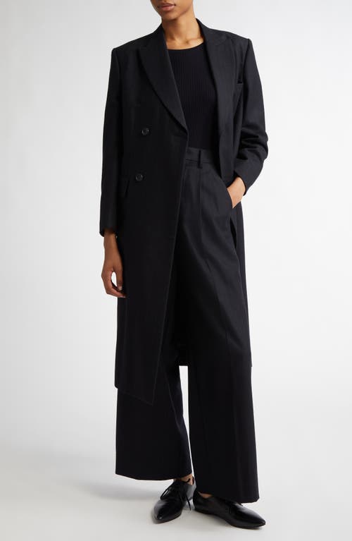 Junya Watanabe Pinstripe Double Breasted Wool Coat in Black/Gray 