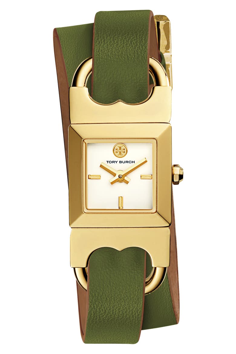 Double T Link Reversible Leather Strap Wrap Watch, 18mm, Alternate, color, LUGGAGE/ GOLD/ GREEN