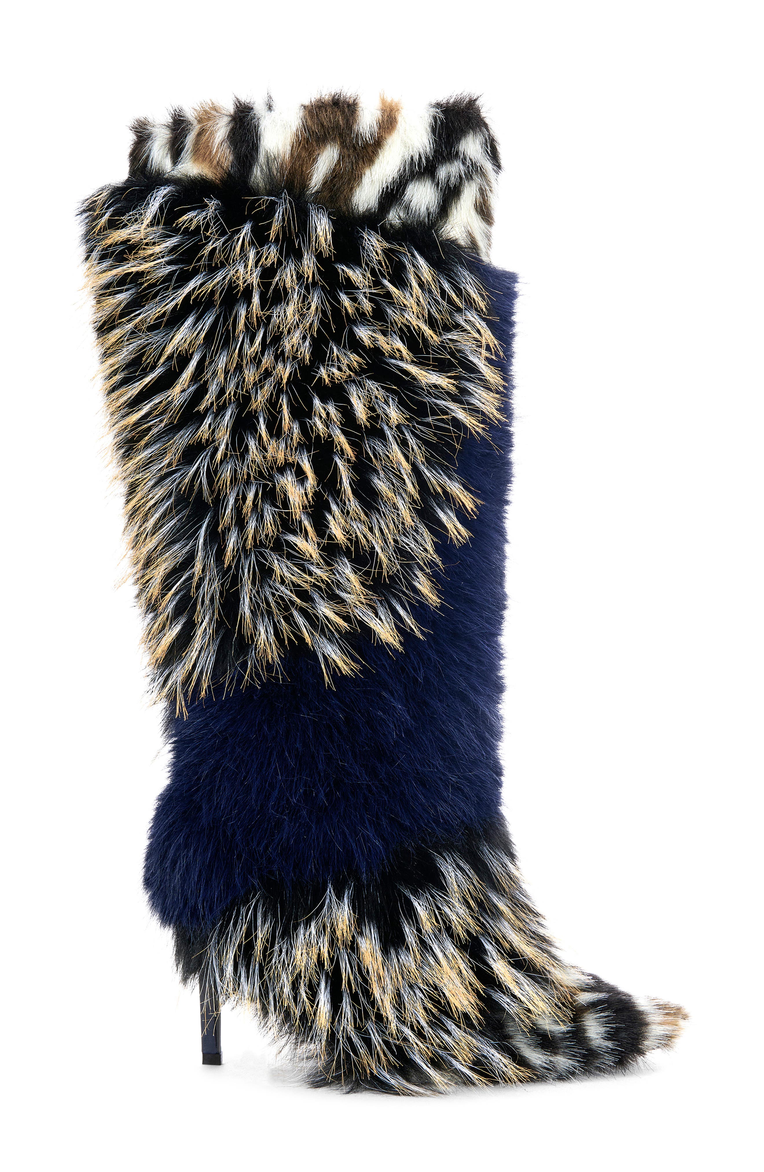 AZALEA WANG Upendo Mixed Faux Fur Stiletton Boot, Alternate, color, Navy Multi