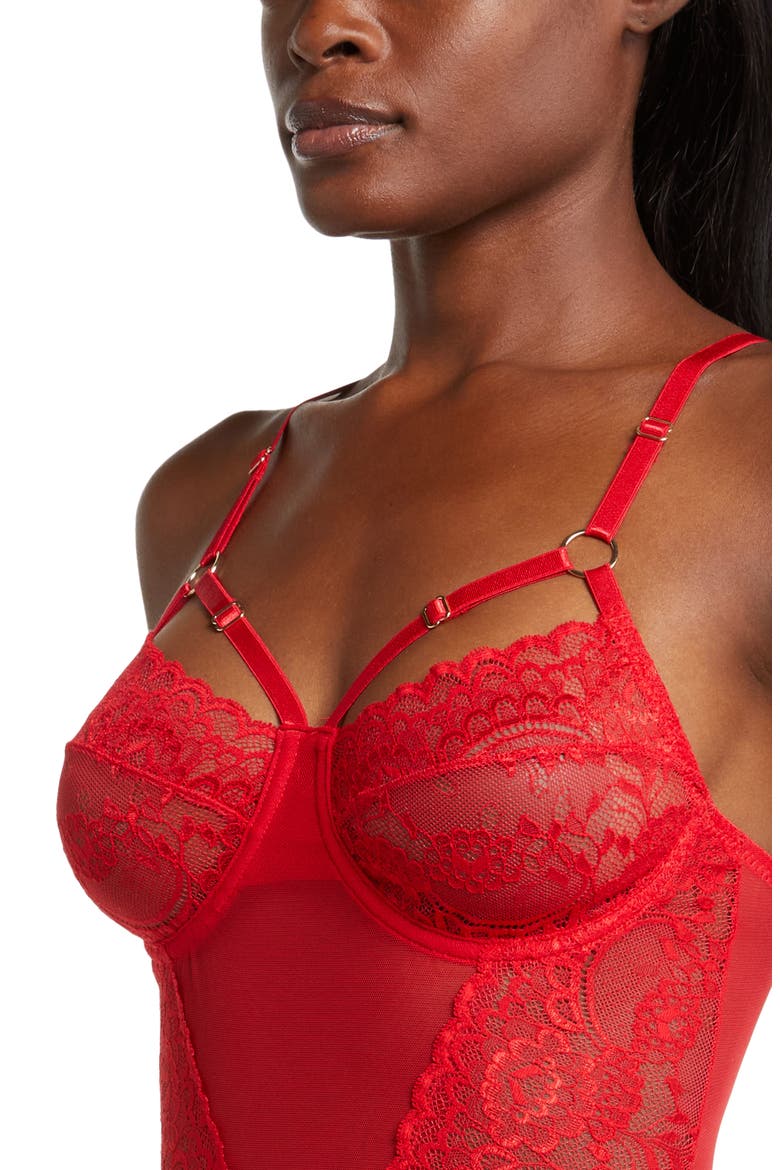 Lace & Mesh Teddy, Alternate, color, RED