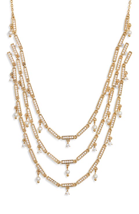 Cubic Zirconia & Pearl Charm Triple Tier Necklace