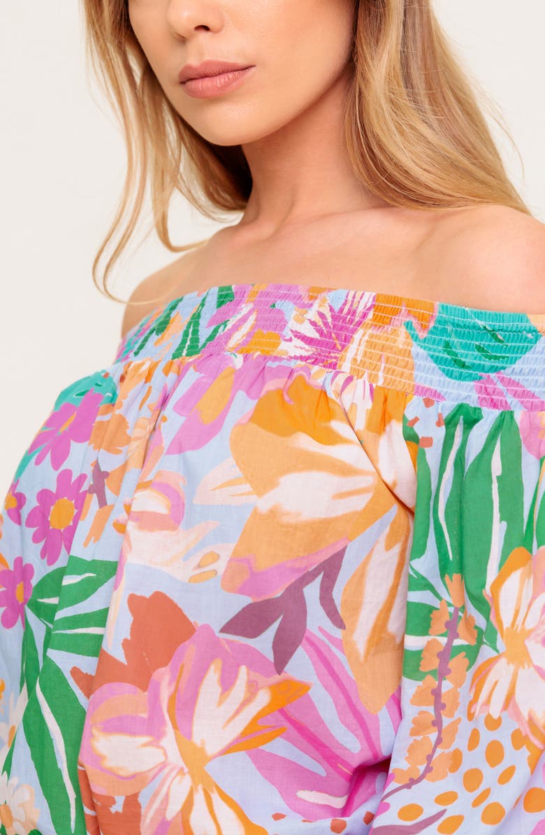FLYING TOMATO Printed Off The Shoulder Top, Alternate, color, Dusty Blue/ Orange