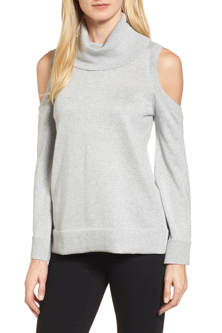 Metallic Cold Shoulder Cowl Neck Sweater, Main, color, GREY HEATHER