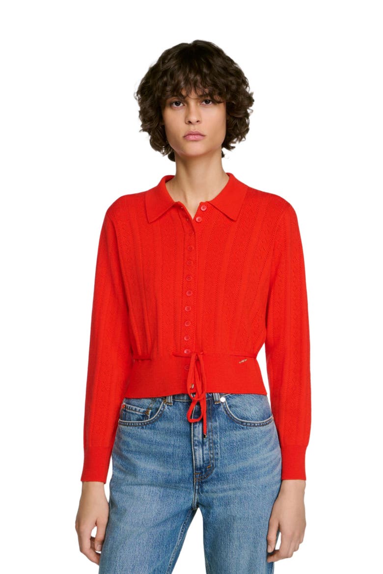 Pointelle knit cardigan, Alternate, color, Red