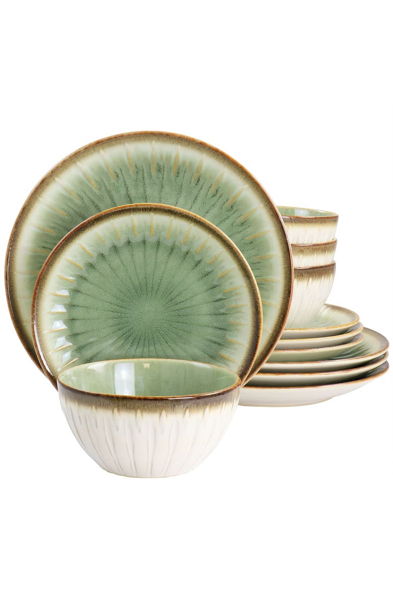 Gibson Elite Mayfair Bay 12 Piece Stoneware Dinnerware Set, Main, color, Green