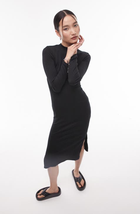 Open Back Long Sleeve Ribbed Midi Dress