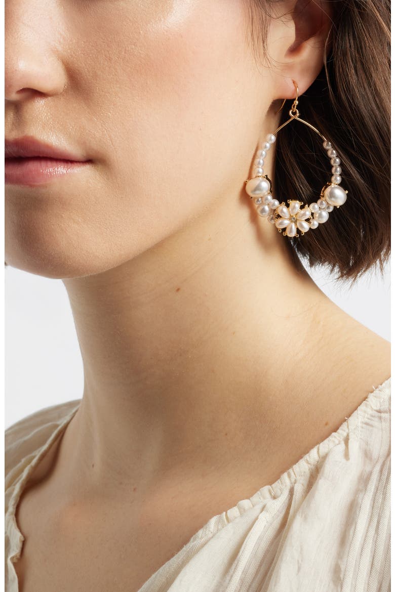 Floral Faux Pearl Teardrop Hoop Earrings, Alternate, color, WHITE- GOLD