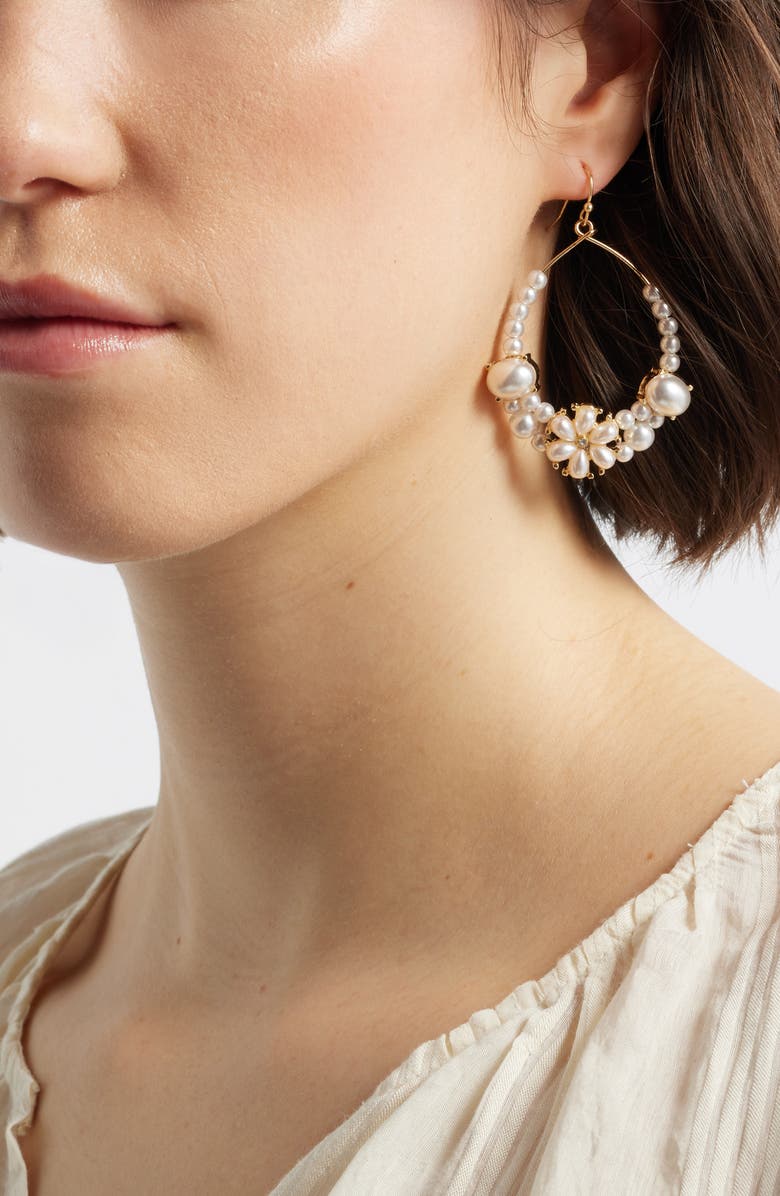 Nordstrom Floral Faux Pearl Teardrop Hoop Earrings, Alternate, color, 
