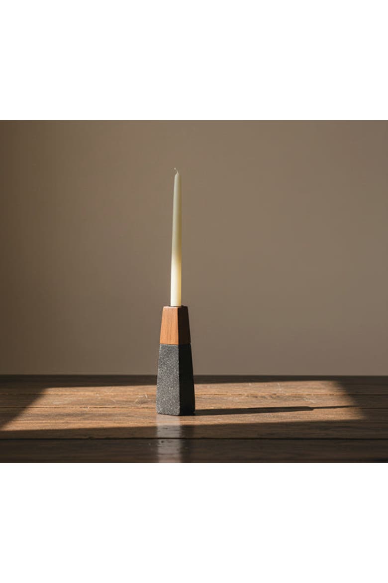 Tapered Black Marble & Acacia Sculptural Candleholders, Alternate, color, Black - Large