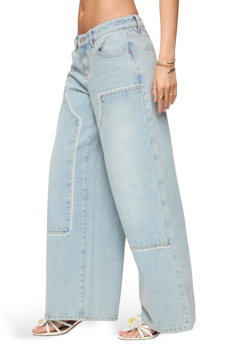 EDIKTED Teela Lace Panel Low Rise Wide Leg Utility Jeans, Alternate, color, Light-Blue