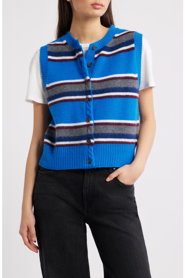 Sofie Stripe Merino Wool Button-Up Vest, Main, color, BLUE