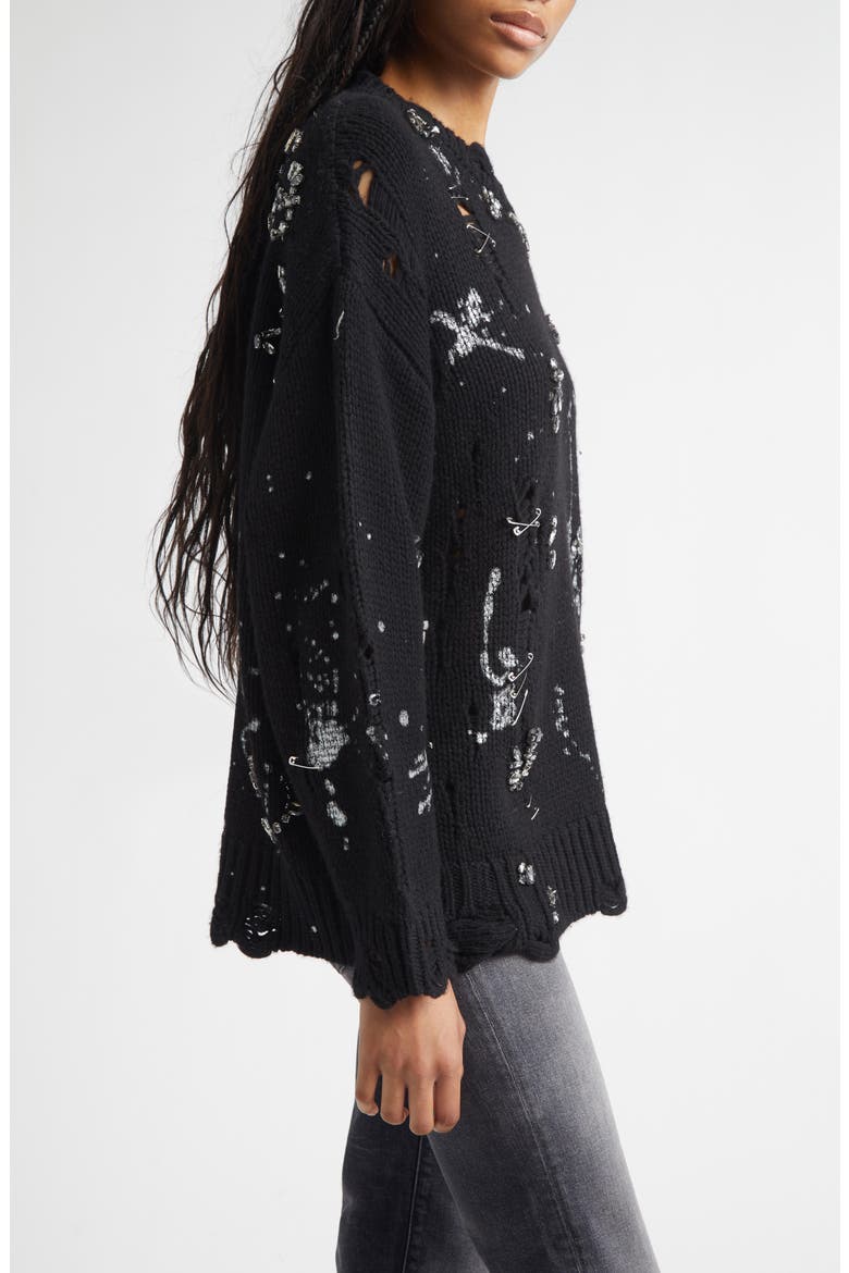 Oversize Safety Pin Embellished Merino Wool Sweater, Alternate, color, BLACK WITH CRYSTALS AND PINS